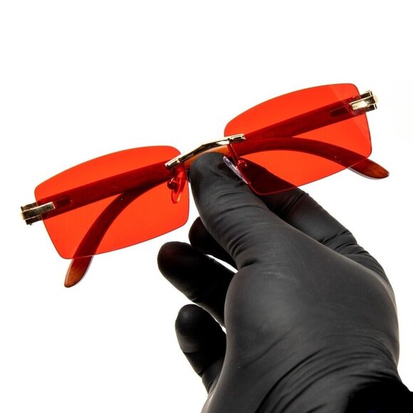 Retro Vintage Rectangle Rimless Gold Frame Red Tint 90s Vintage Sunglasses - Picture 5 of 6
